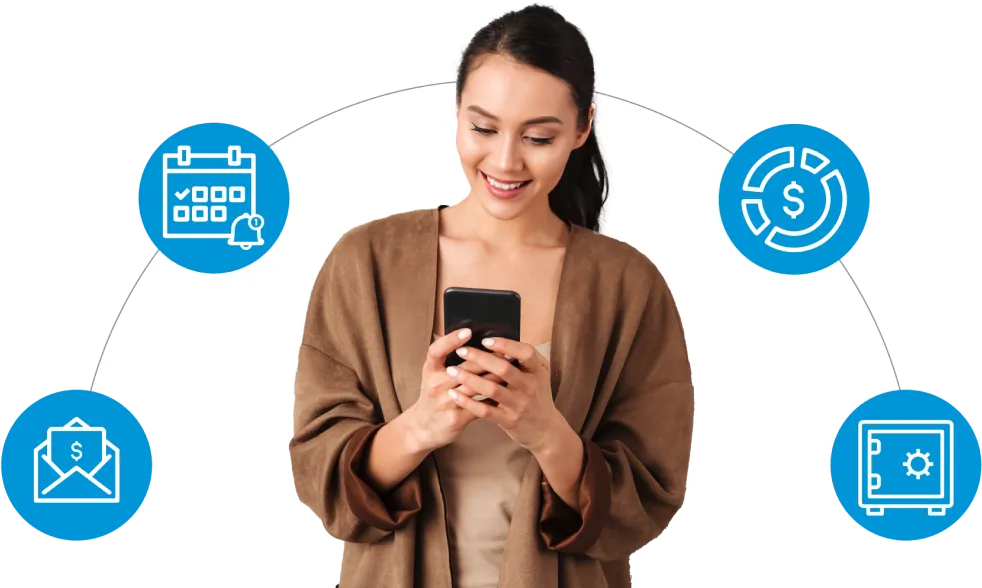 Resident smiling at a phone, surrounded by icons for bill reminders, payments, receipts and secure storage.