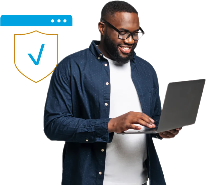 Resident smiling while using a laptop, beside a shield with a check mark.